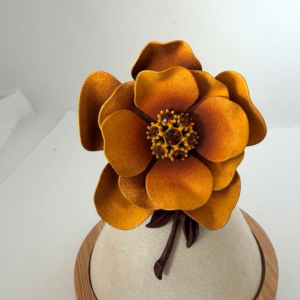 Vintage Mustard Yellow Brown Enamel Flower Rhinestone Brooch